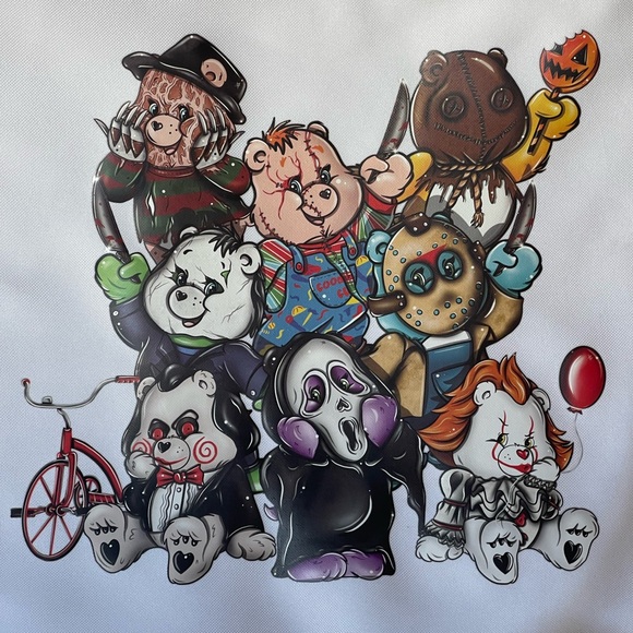 NEW Cute Horror Icon Teddy Bears White Drawstring Backpack Carry Bag 13.5x17 NEW - Picture 2 of 5